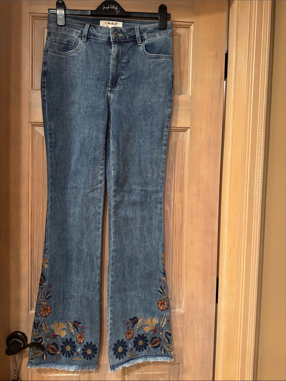 CHARLIE B Mid-Blue Flare Jeans with Floral Embroidery